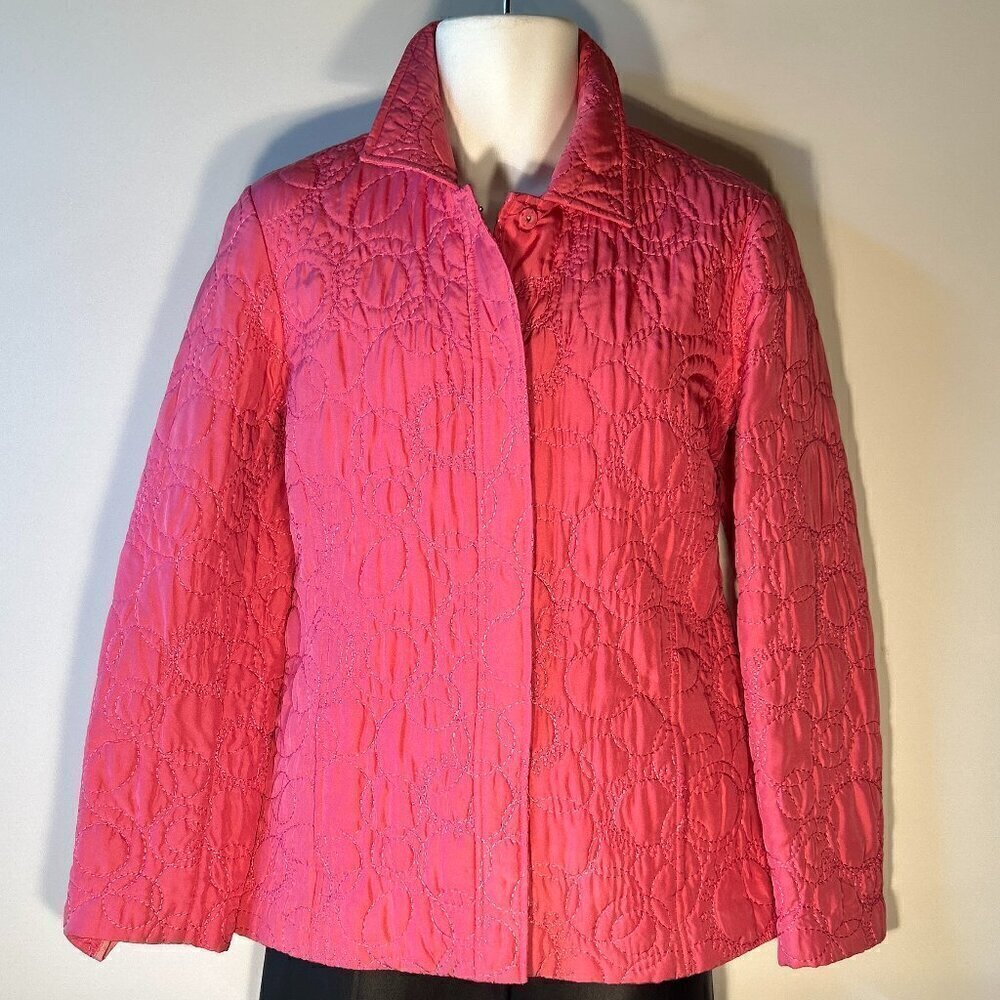 Sigrid Olsen SZ L Pink 100% Silk quilted jacket layering comfy street wear chic